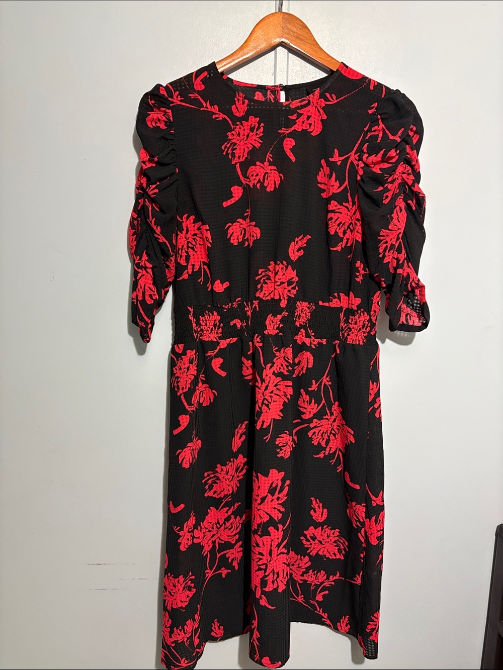 Black & Red Floral Midi Dress with Puff Sleeves